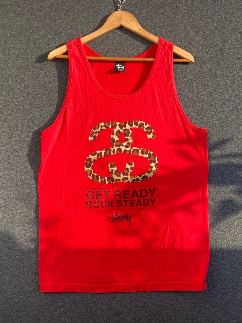 Vintage Stussy Get Ready Rock Steady Cheetah Print Tank Top Mens Large Red Y2K